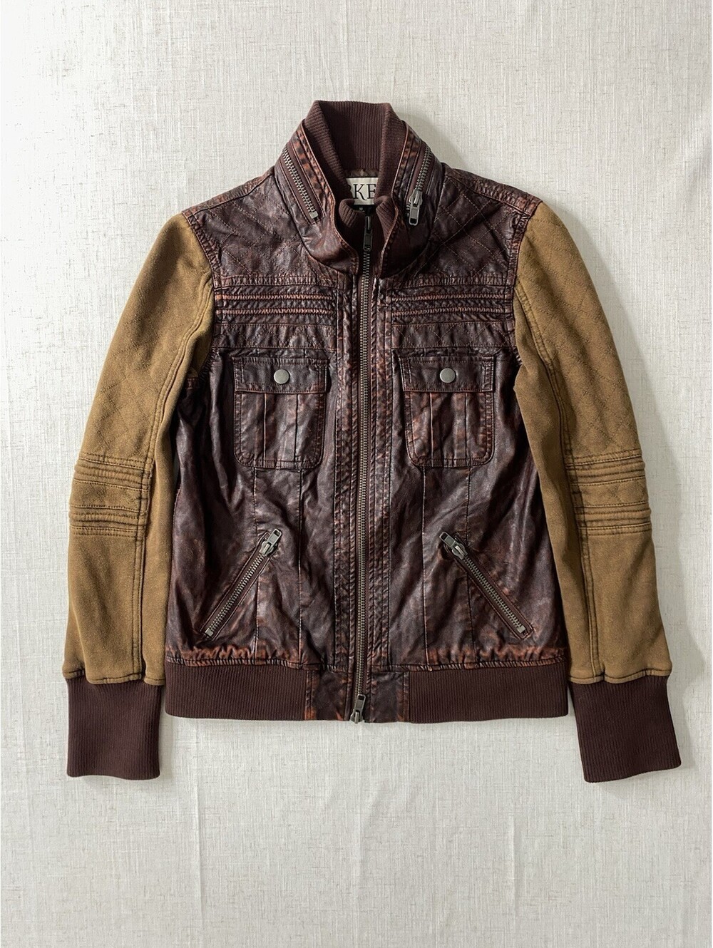 BKE Mens Medium M Faux Leather Moto Jacket Brown Distressed Quilted Bomber Biker